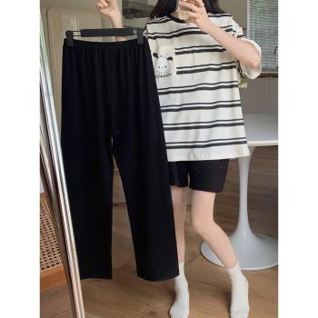 夏季條紋睡衣女短袖長褲棉質2023年新款帕恰狗三件套裝薄款家居服