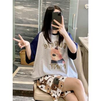 網紅ins慵懶短袖睡衣女夏天可愛小熊印花家居服大碼胖mm200斤套裝