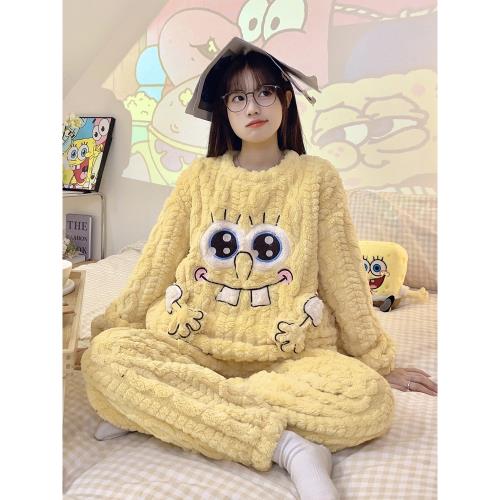 長袖睡衣女冬季加厚保暖法蘭絨卡通海綿寶寶舒適寬松珊瑚絨家居服