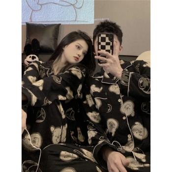 情侶睡衣冰絲春秋季長袖開衫高階感卡通一男一女網紅風家居服套裝