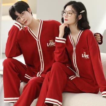 情侶純棉和服新婚夏冬紅色睡衣