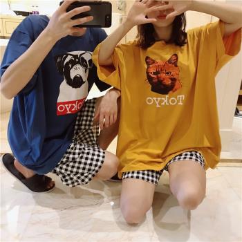 夏季男女情侶睡衣韓版薄款純棉家居服大碼胖mm200斤短袖短褲套裝