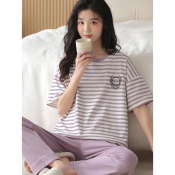 睡衣女純棉夏季短袖長褲紫色薄款加大碼胖mm條紋家居服套裝夏款