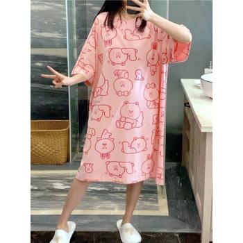 短袖睡裙女夏純棉甜美可愛兔子小熊印花睡衣大碼胖mm200斤家居服