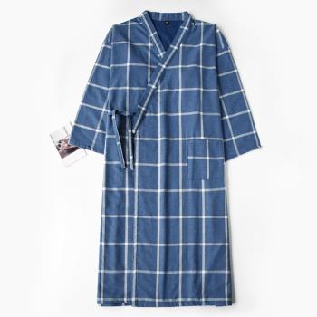 日式簡約格子睡袍男春秋季加密純棉紗布雙層浴袍家居服睡衣汗蒸服