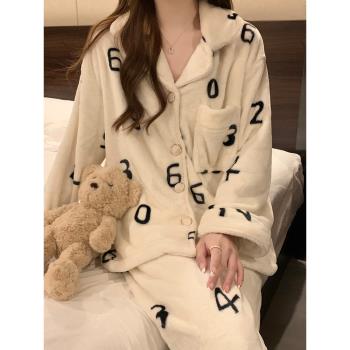睡衣女春秋冬季加厚珊瑚絨家居服2023年冬天新款寬松法蘭絨家居服