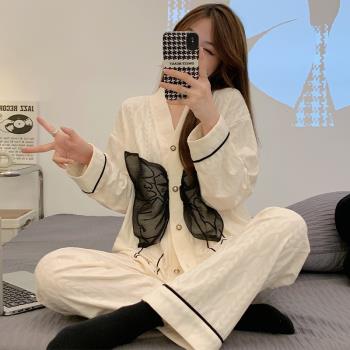 春秋季睡衣女純棉提花長袖高階感休閑2023年蝴蝶結新款家居服套裝