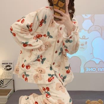 卡通睡衣女珊瑚絨學生秋冬季法蘭絨加厚寬松休閑網紅風家居服套裝