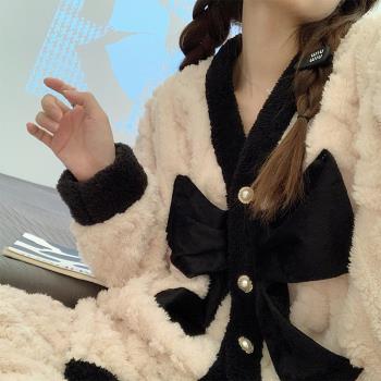 簡約睡衣女法蘭絨加厚長袖休閑秋冬季珊瑚絨2022年新款家居服套裝