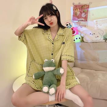 夏季純棉睡衣女休閑短袖可外穿2023年新款大碼寬松格子家居服套裝