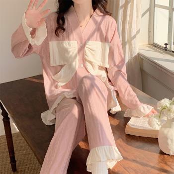 純棉長袖睡衣女春秋冬季2023年新款外穿甜美可愛蝴蝶結家居服套裝