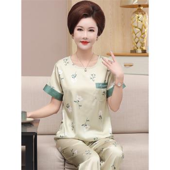夏中年媽媽女士絲綢家居服睡衣