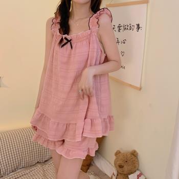 夏季睡衣女純棉吊帶背心短褲家居服公主風寬松大碼200斤套裝薄款