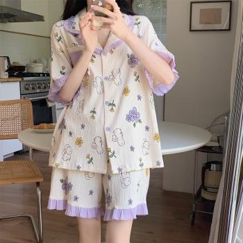 小清新睡衣夏季女士純棉紗薄款甜美可愛短袖大碼可外穿家居服套裝