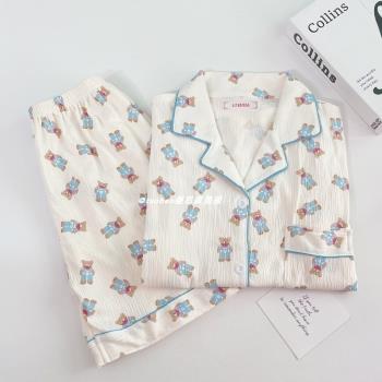 ins風睡衣女夏季短袖純棉薄款可愛網紅風日系小熊開衫家居服套裝