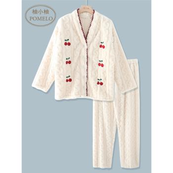 秋冬加厚法蘭絨提花甜美櫻桃刺繡簡約珊瑚絨長袖家居服睡衣套裝女