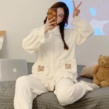 睡衣女款春秋冬季可愛卡通法蘭絨加厚2022年新款珊瑚絨家居服套裝