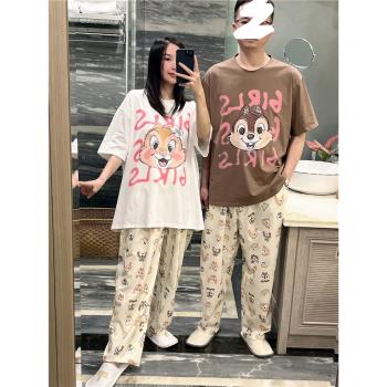 日系短袖情侶睡衣薄款純棉可愛松鼠印花家居服大碼200斤長褲套裝
