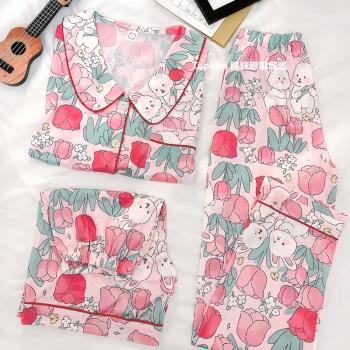 冰絲睡衣少女夏天薄款網紅風甜美花朵兔子短袖三件套娃娃領家居服