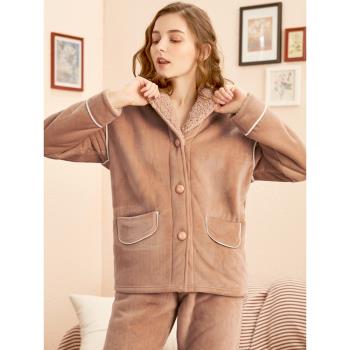 羊羔絨睡衣女珊瑚絨加厚加絨套裝冬天秋冬季開衫情侶家居服可外穿