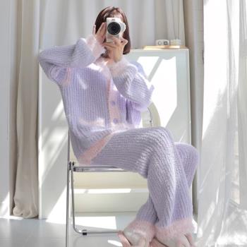 珊瑚絨睡衣女冬季甜美加絨加厚家居服香芋紫開衫可外穿半邊絨套裝