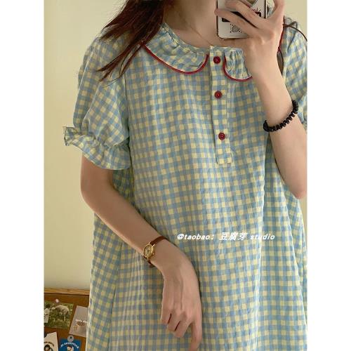 日系ins可外穿格子睡裙女2023年新款夏季網紅短袖長裙睡衣家居服