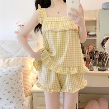 網紅風2023年新款睡衣女夏純棉吊帶兩件套棉綢寬松夏天家居服套裝
