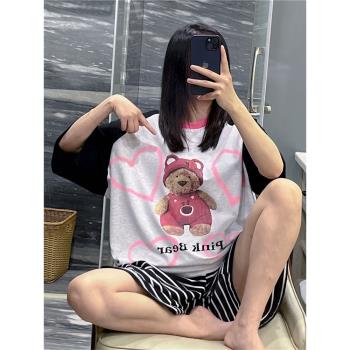 日系短袖睡衣女夏可愛卡通小熊印花家居服大碼胖mm200斤條紋套裝