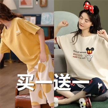 睡衣女2023年新款夏季棉質短袖七分褲可外穿高階感夏天家居服套裝