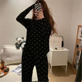 2024年新款春秋季韓版睡衣女長袖兩件套裝純色笑臉薄款簡約家居服