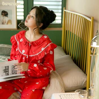 香蕉女孩長袖睡衣女純棉春秋韓版甜美女草莓睡衣全棉兩件套家居服