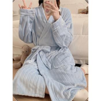 珊瑚絨睡袍女款秋冬季薄絨法蘭絨日系甜美系帶浴衣浴袍家居服睡衣