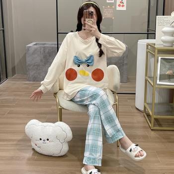 睡衣女春秋季長袖牛奶絲2023年新款格子大碼網紅風夏天家居服套裝