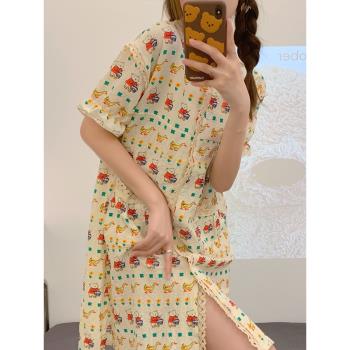 ins卡通純棉紗布睡裙女士夏天季薄款可愛小熊睡衣家居服短袖套裝