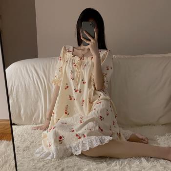 夏季薄款可愛純棉碎花睡裙女士2022年新款甜美少女休閑家居服睡衣