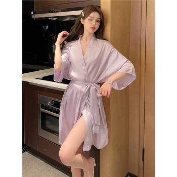 睡袍女款夏季涼感冰絲一片式系帶浴衣浴袍中長款女士家居服睡衣裙