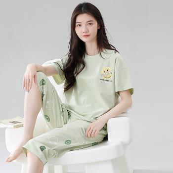 睡衣女夏季純棉短袖五分褲薄款可出門韓版休閑寬松中褲家居服套裝