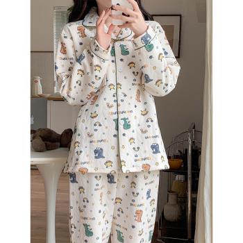 睡衣女款春秋冬季純棉長袖加厚夾層家居服卡通薄款夾棉空氣棉套裝