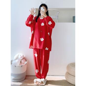 紅色本命年兔子棉仔絨圓領睡衣女冬季加大碼套裝胖mm200斤家居服
