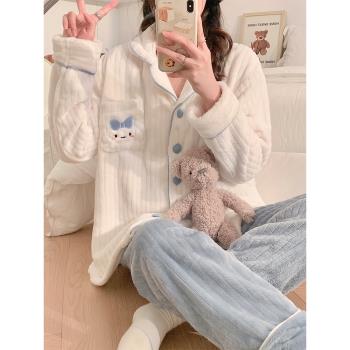 珊瑚絨睡衣女款春秋冬季薄絨法蘭絨可愛風卡通套裝冬天新款家居服