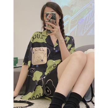 冰雪絲睡衣女士夏天季卡通可愛短袖短褲開衫學生可外穿家居服套裝