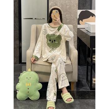 金絲絨睡衣女春秋季長袖大碼2025新款卡通綠熊冬天時尚家居服套裝