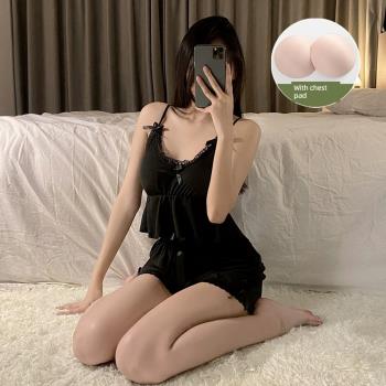 網紅帶胸墊純棉女甜美高階感睡衣
