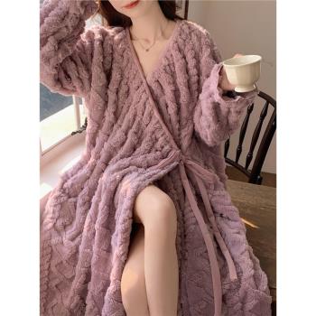 睡袍晨袍女加絨加厚珊瑚絨中長款秋冬季甜美睡衣孕婦家居服法蘭絨