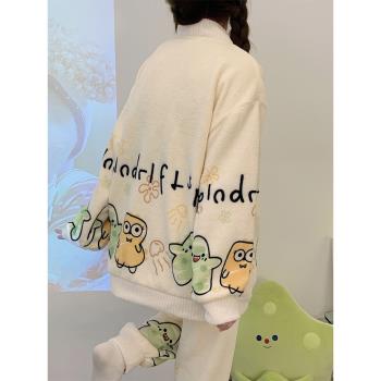 春秋冬季珊瑚絨睡衣女生2023年新款法蘭絨可愛兩件套裝卡通家居服