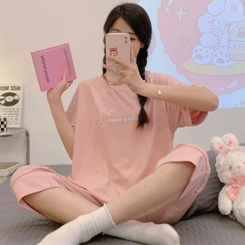 莫代爾夏季睡衣女款簡約甜美可愛少女生短袖七分褲純棉家居服套裝