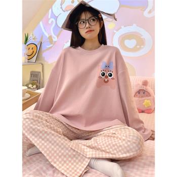 睡衣女春秋冬季可愛卡通圓領網紅風長袖長褲套裝冬天可外穿家居服