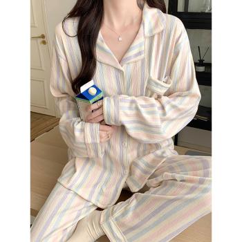 睡衣女生2023年新款開衫長袖兩件套裝春秋冬季簡約休閑純棉家居服