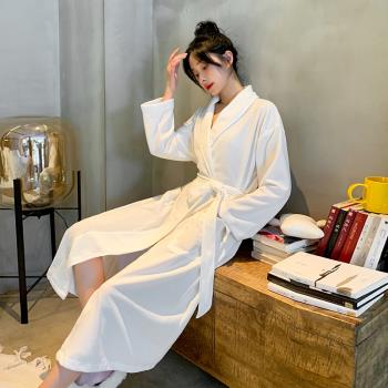 長袖款睡袍女春秋冬季吸水速幹純棉酒店系帶浴衣袍純色家居服睡衣