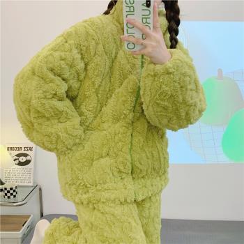 秋冬季珊瑚絨睡衣女三層夾棉加厚加絨保暖2024年新款家居服拉鏈款